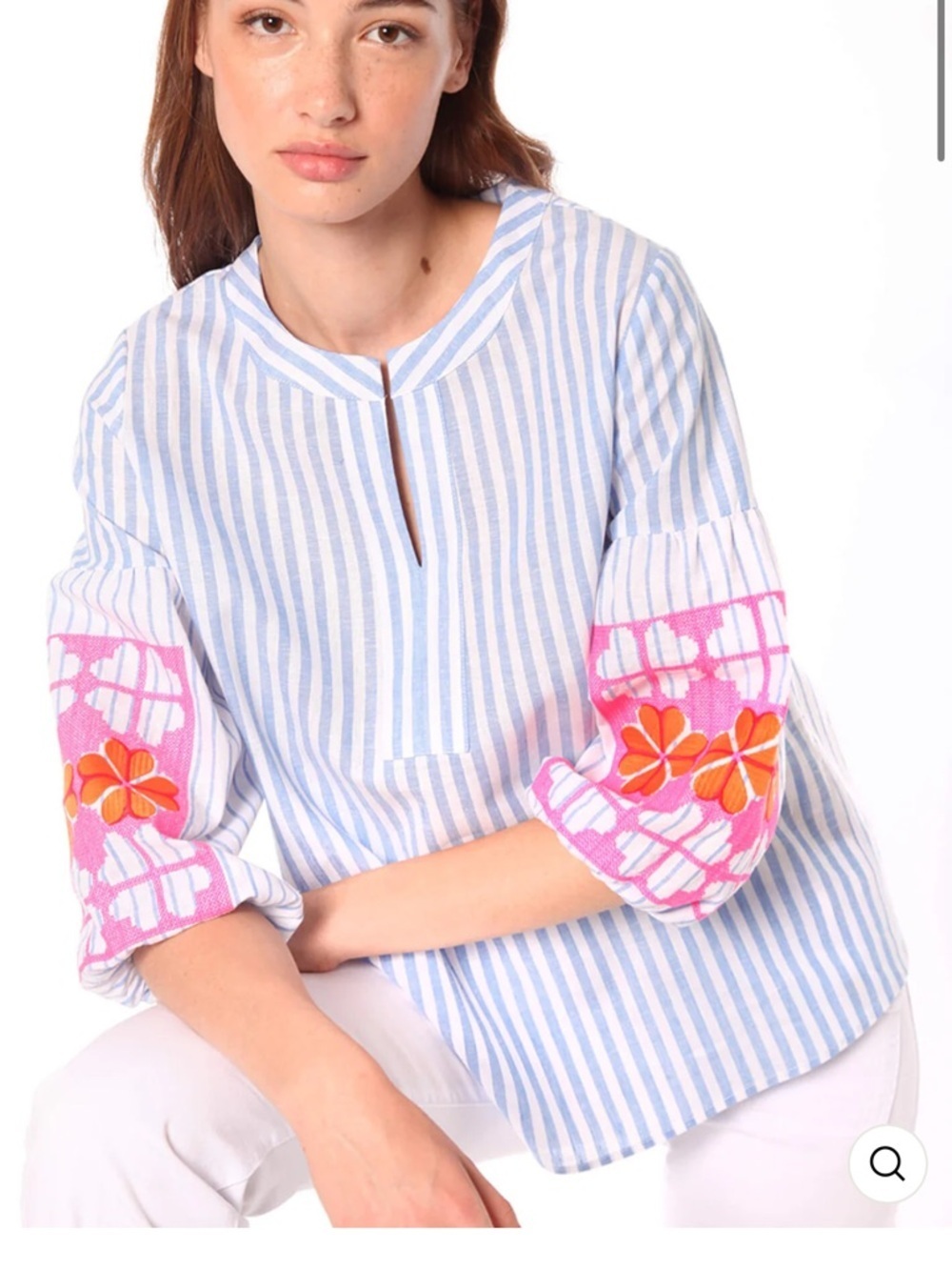 Vilagallo Kayaems Blue Stripe Spmit Necj Embroidered Sleeves Linen Top 40/L
